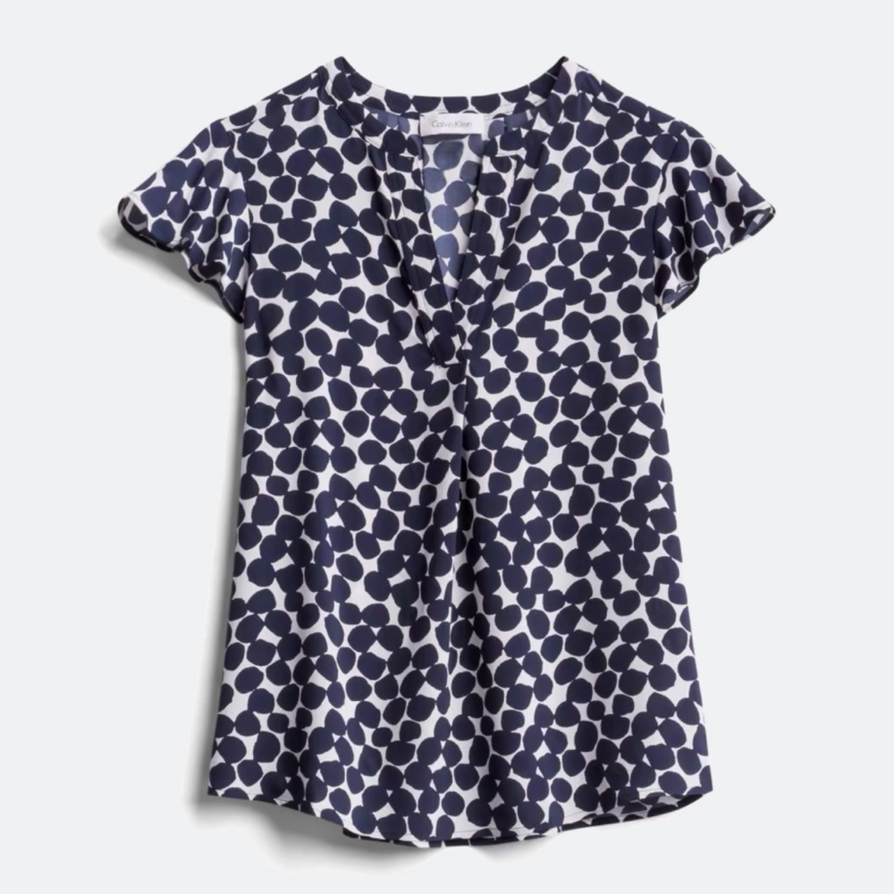Calvin Klein Navy and White Polka Dot Patterned Blouse
